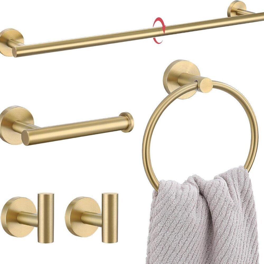 Bathroom Towel Holder Set, 5-Piece Towel Bar Set Brushed Gold Steel Wall Mounted
